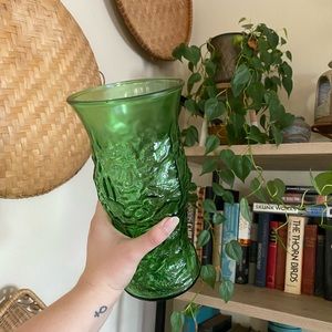 Mid Century Green Glass Crinkle Vase